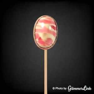 Antique Oval High Dome Pink White Swirl Stone Cabochon Gold Tone Stick Pin
