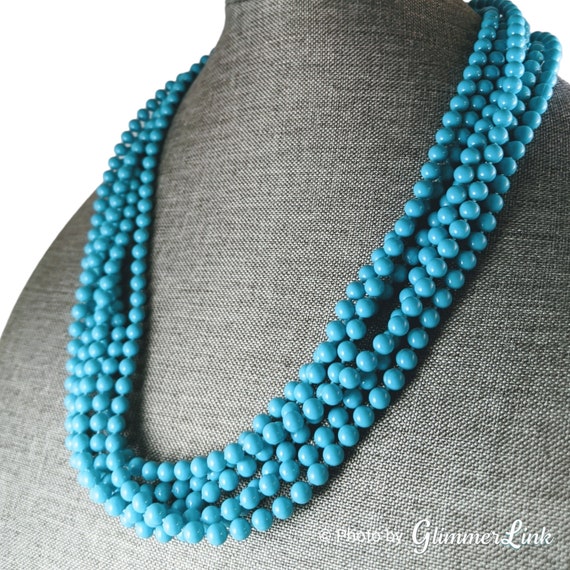 Vintage Teal Blue Multi Strand Plastic Beaded Fil… - image 4