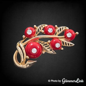 Vintage Red Lucite Rhinestone Berries Openwork Leaf Gold Tone Brooch