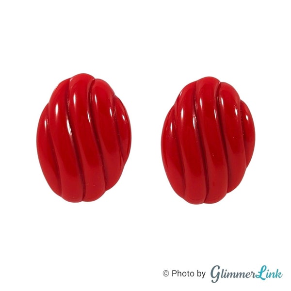 Vintage 80s Red Lucite Ribbed Oval Stud Pierced Earrings