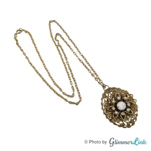 Vintage Layered Filigree Floral Oval Glass Moonstone Gold Tone Pendant Necklace