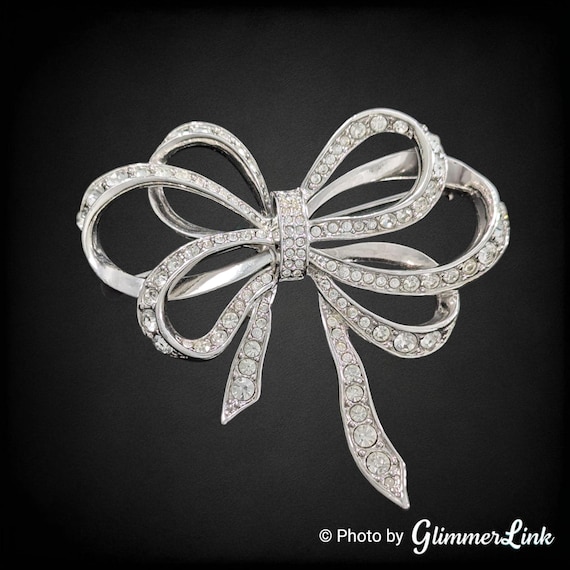 Vintage KJL Kenneth Jay Lane For Avon Rhinestone Multi-Loop Ribbon Bow Silver Tone Brooch