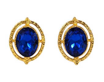 Vintage 1928 Co Cobalt Blue Oval Faceted Stone Gold Tone Stud Pierced Earrings, Victorian Inspired, Gift For Her
