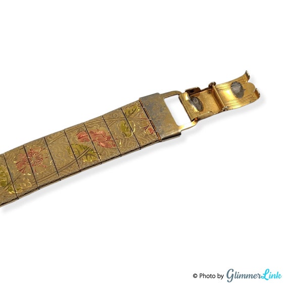 Vintage Gold Tone Floral Panels Mesh Bracelet - image 8