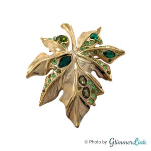 Vintage Oak Maple Leaf Green Rhinestone Gold Tone Fall Autumn Brooch Pin