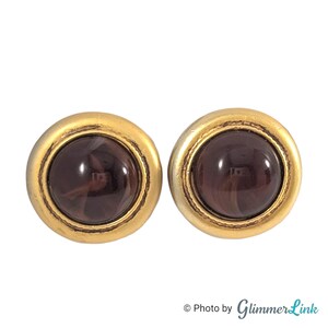 Vintage Brown Round Resin Cabochon Button Style Matte Gold Tone Clip On Earrings