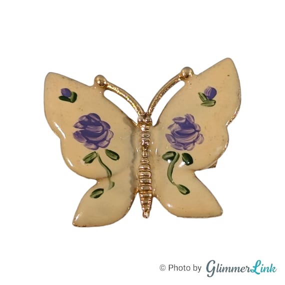 Vintage Cream Butterfly Purple Rose Flowers Hand Painted  display picture 1