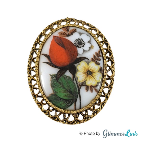 Vintage Floral Bouquet Porcelain Oval Cameo Gold Tone Filigree Brooch, Spring Jewelry, Gift for Her