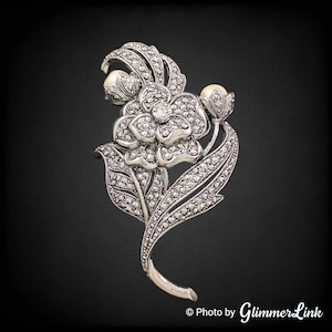 Vintage KJL Kenneth Jay Lane For Avon Faux Marcasite Pearl Floral Silver Tone Brooch