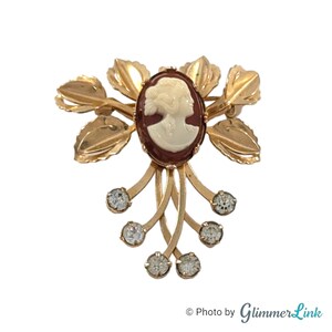 Vintage Leaf Bouquet Resin Cameo Rhinestone Gold Tone Brooch Pendant