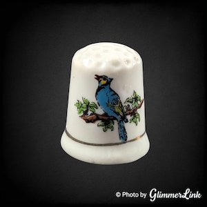 Vintage Blue Jay Songbird Avian Porcelain Collectible Sewing Thimble