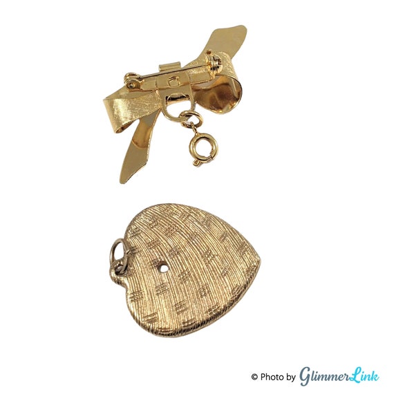 Vintage Textured Gold Tone Bow Brooch & Dangling … - image 6