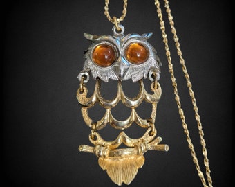 Vintage Two Tone Articulated Owl Pendant Brown Cabochon Eyes & Gold Tone Chain