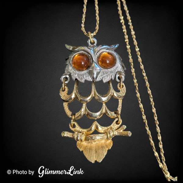 Vintage Two Tone Articulated Owl Pendant Brown Cabochon Eyes & Gold Tone Chain