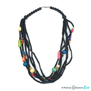 Vintage Black Multi Color Multi Strand Wooden Statement Necklace