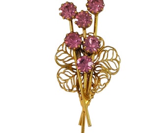 Vintage Floral Spray Pink Rhinestone Filigree Bouquet Gold Tone Brooch Pin