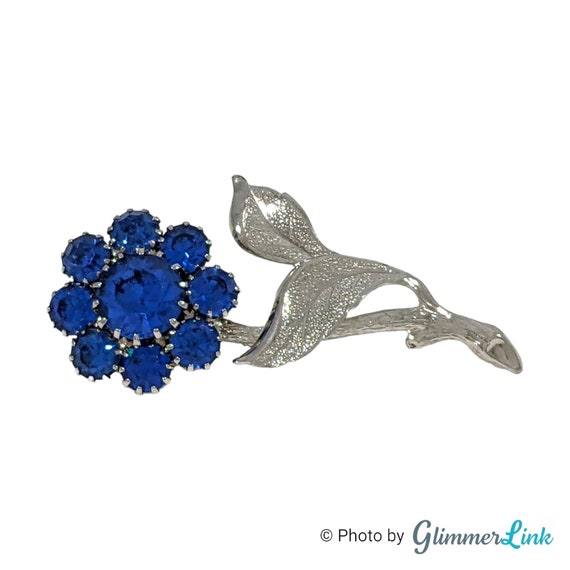 Vintage Elegant Blue Rhinestone Flower Silver Ton… - image 3