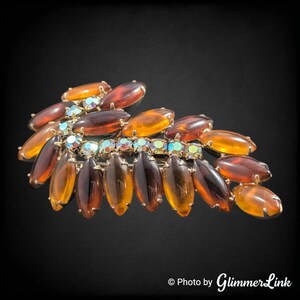 Vintage Mid Century Brown, Orange & Aurora Borealis Rhinestones S Shaped Leaf Gold Tone Brooch