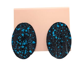 Vintage 80s Black & Blue Enamel Wavy Oval Metal Pierced Earrings