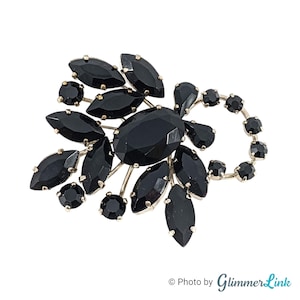 Western Germany Black & Silver Floral Brooch, Black Glass