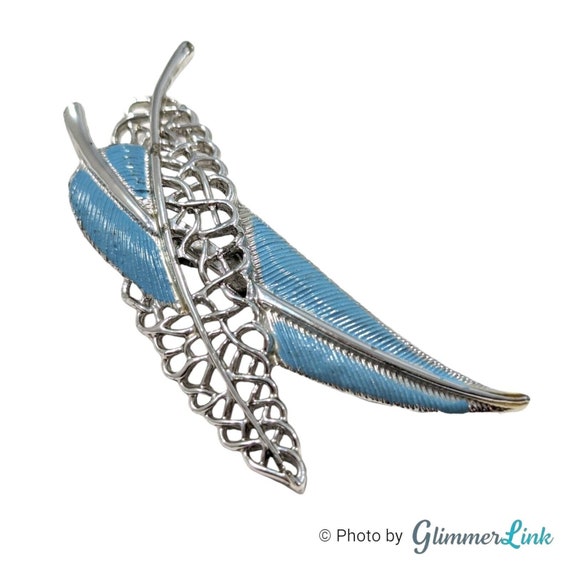 Vintage Light Blue Enamel Feather Filigree Leaf S… - image 3