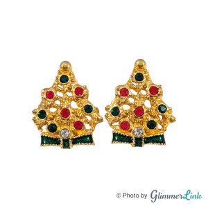 Vintage Holiday Red Green Christmas Tree Gold Tone Pierced Earrings