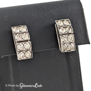 Vintage Rectangular Art Deco Style Rhinestone Rhodium Plated Screw Back Earrings