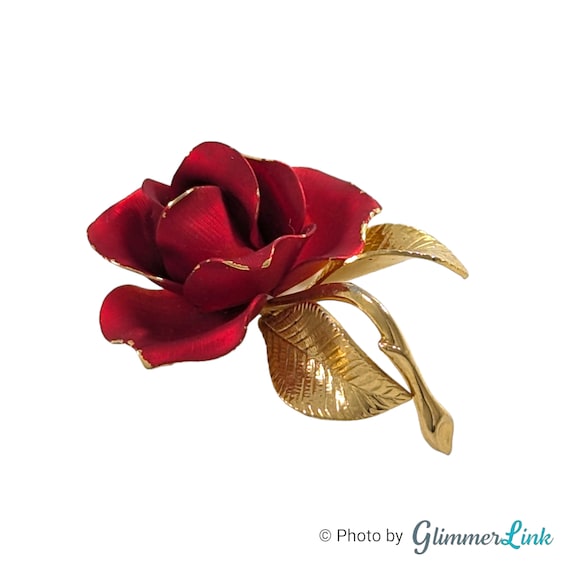 Broche Ancienne Vintage Dorée Avec Motif Rouger Et Rose - Occasion - Bon état D'usage