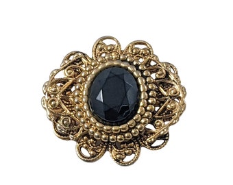 Vintage Black Faceted Glass Stone Filigree Gold Tone Small Brooch