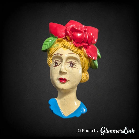Vintage Early Plastic Lady Face Floral Head Hand Painted Brooch Pin