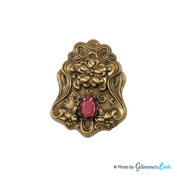 Vintage Art Nouveau Revival Ornate Brass Stamping Pink Rhinestone Brooch Sash Pin