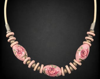 Vintage Bohemian Floral Ceramic Bead Necklace Pink Roses Faux Leather Cord