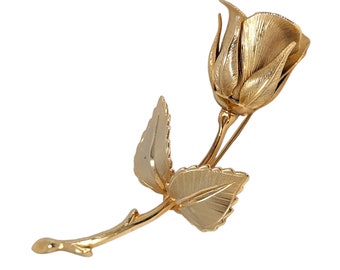 Vintage Giovanni Single Rose Bud With Stem Leaves Gold Tone Brooch Gift for Her Spring Mothers Day