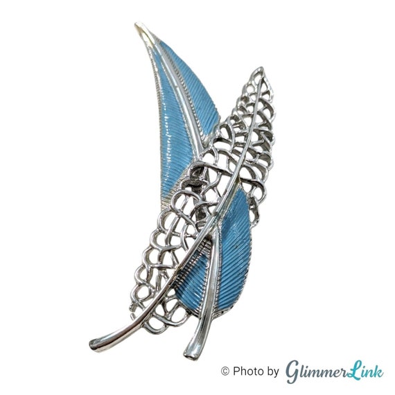 Vintage Light Blue Enamel Feather Filigree Leaf S… - image 2