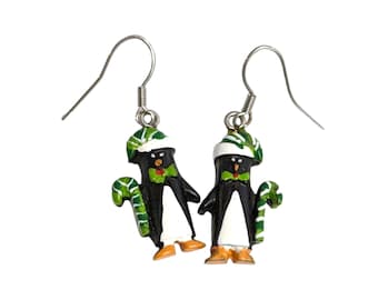 Vintage Christmas Holiday Penguin Resin Silver Tone Earrings