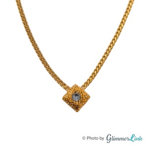 Vintage Dainty Textured Square Rhinestone Gold Tone Chain Necklace