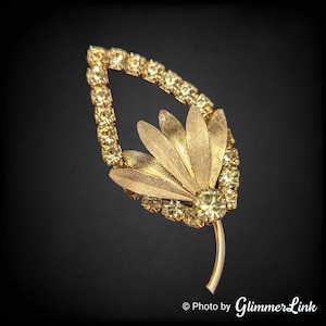 Vintage Yellow Rhinestone Openwork Leaf Gold Tone Brooch Pin