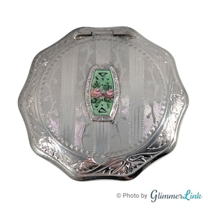 Vintage Art Deco Guilloche Enamel Pink Roses Silver Tone Powder Compact