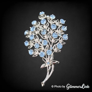 Vintage Icy Blue Floral Spray Bouquet Rhinestones Silver Tone Mid Century Brooch, Bridal Wedding, Gift for Her