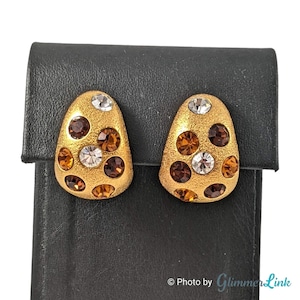 Vintage 1980s Jackie Collins Dome Half Circle Brown Clear Rhinestone Gold Tone Clip On Earrings