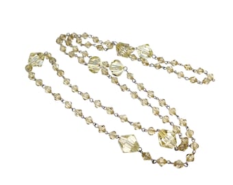 Vintage Long Light Yellow Acrylic Lucite Bicone Bead Art Deco Style Flapper Claspless Station Necklace