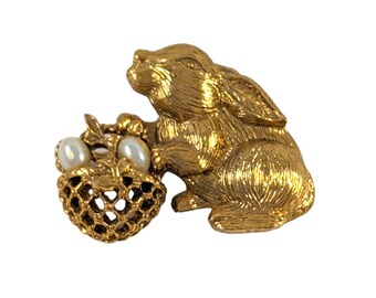 Vintage 1928 Bunny Rabbit Faux Pearl Egg Basket Gold Tone Easter Spring Brooch Pin