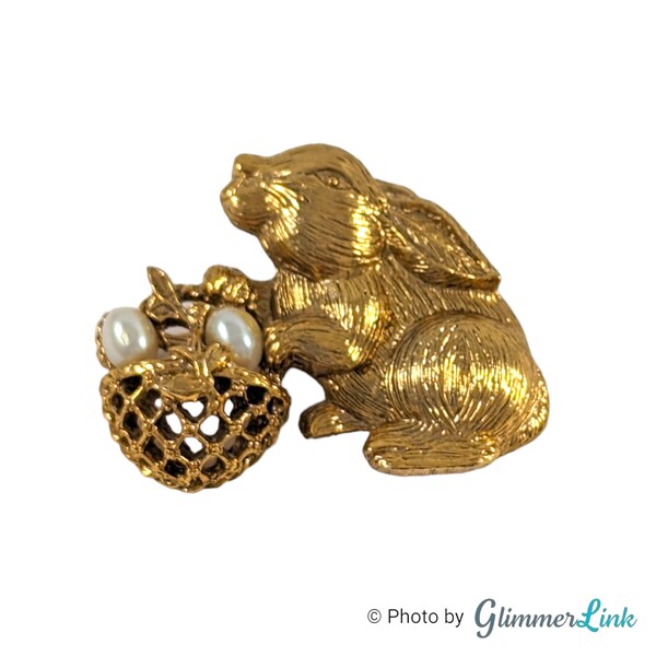 Vintage 1928 Bunny Rabbit Faux Pearl Egg Basket Gold Tone Easter Spring Brooch Pin