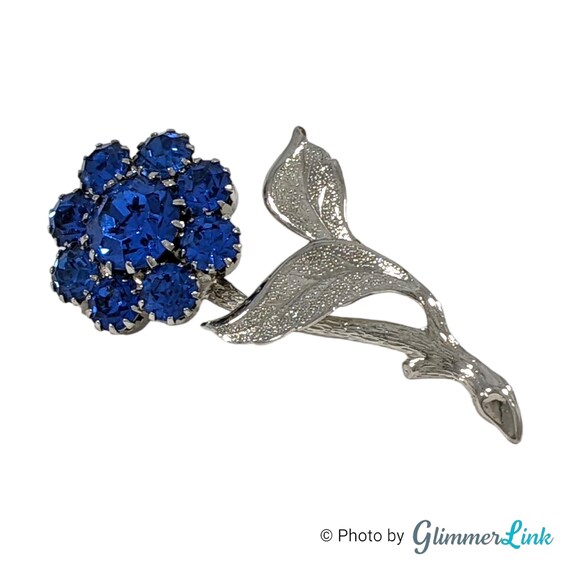 Vintage Elegant Blue Rhinestone Flower Silver Ton… - image 4