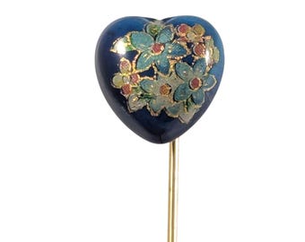 Vintage Blue Puffy Ceramic Heart Floral Art Gold Tone Stick Pin
