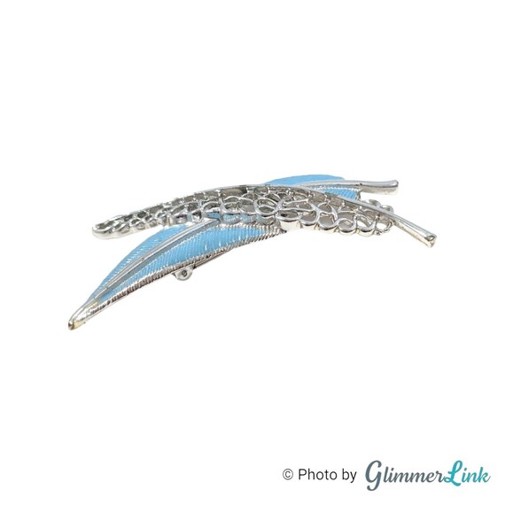 Vintage Light Blue Enamel Feather Filigree Leaf S… - image 4
