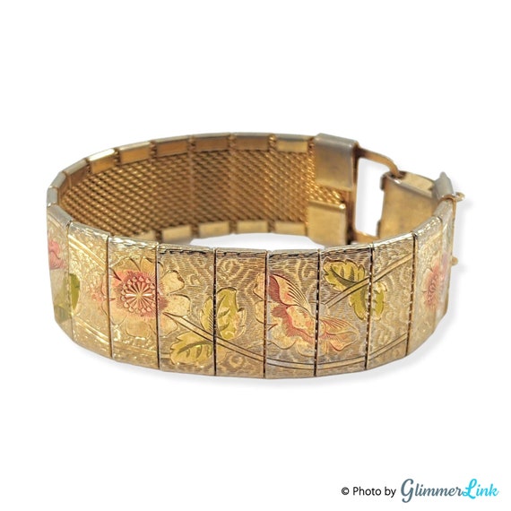 Vintage Gold Tone Floral Panels Mesh Bracelet - image 2