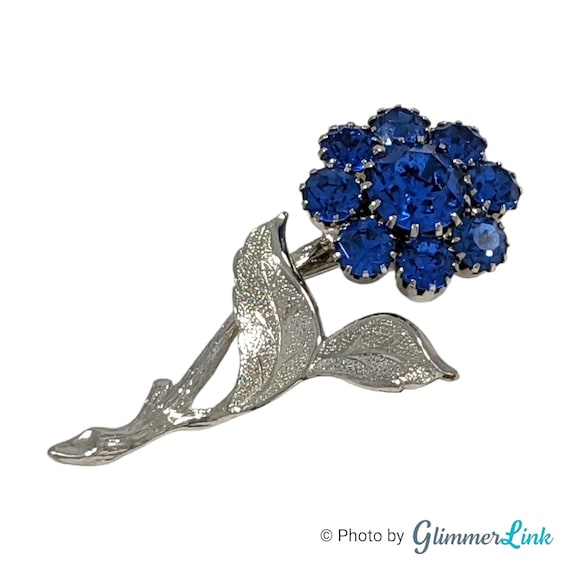 Vintage Elegant Blue Rhinestone Flower Silver Ton… - image 1