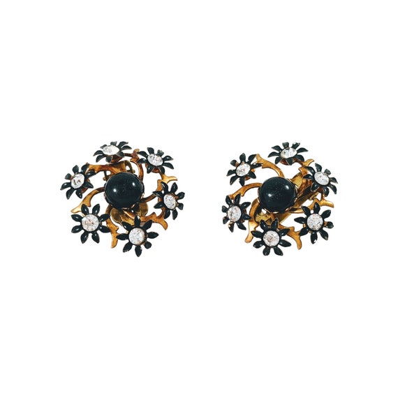 Vintage Gold Tone & Black Flower Cluster Clip On … - image 2