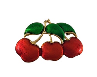 Vintage Three Cherries Enamel Gold Tone Brooch Fruit Trio Pin